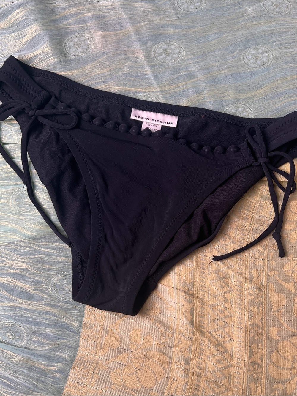 Robin Piccone Black Bikini Bottom with Pom Pom Trim Size Medium NWOT